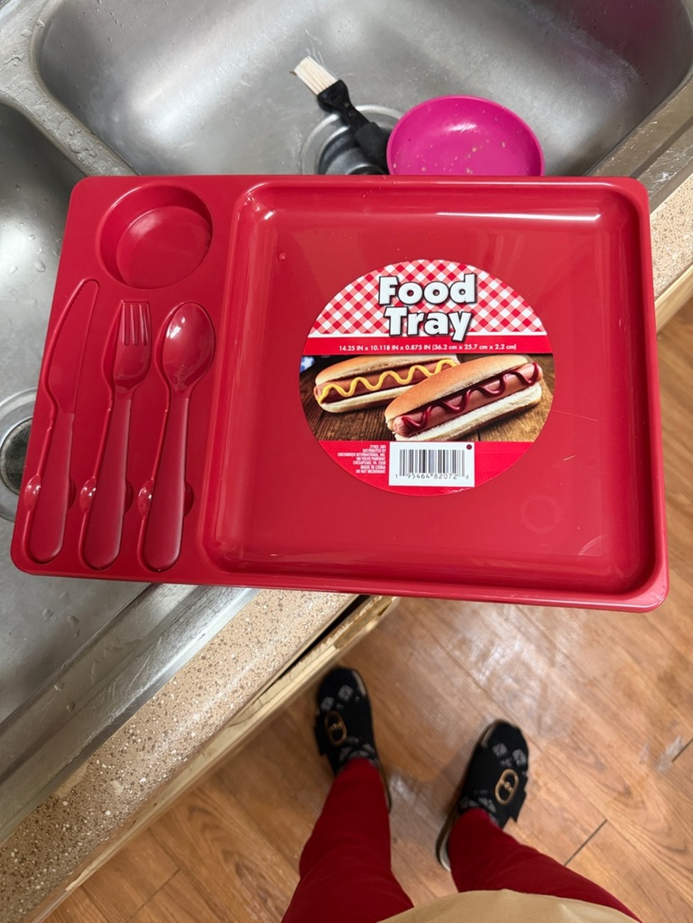 💥NI💥 Red Food Tray with Built-In Utensil Slots - Basic Brand